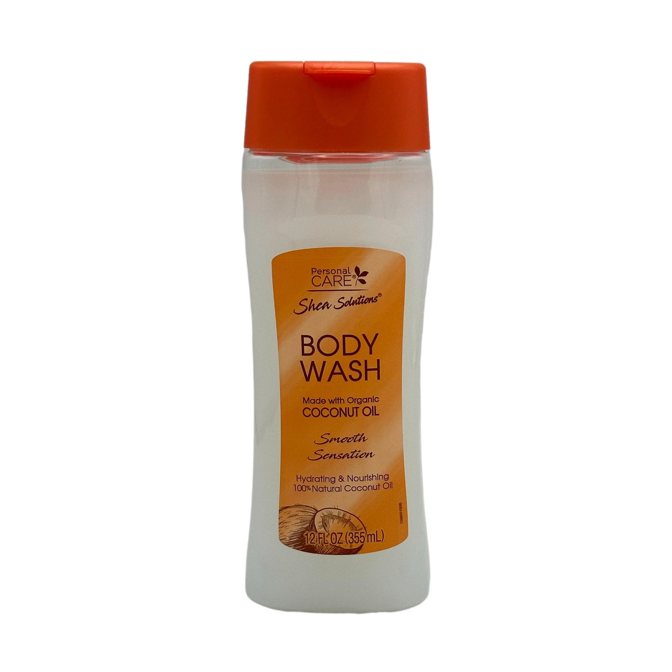 Clear bottle of Personal Care Shea Solutions body wash with an orange lid.
